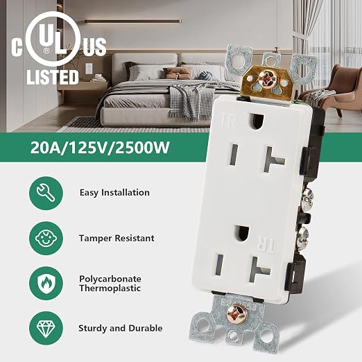 Wengart 20A Decorator Receptacle, Tamper-Resistant, AC125V Self-Grounding - Image 2