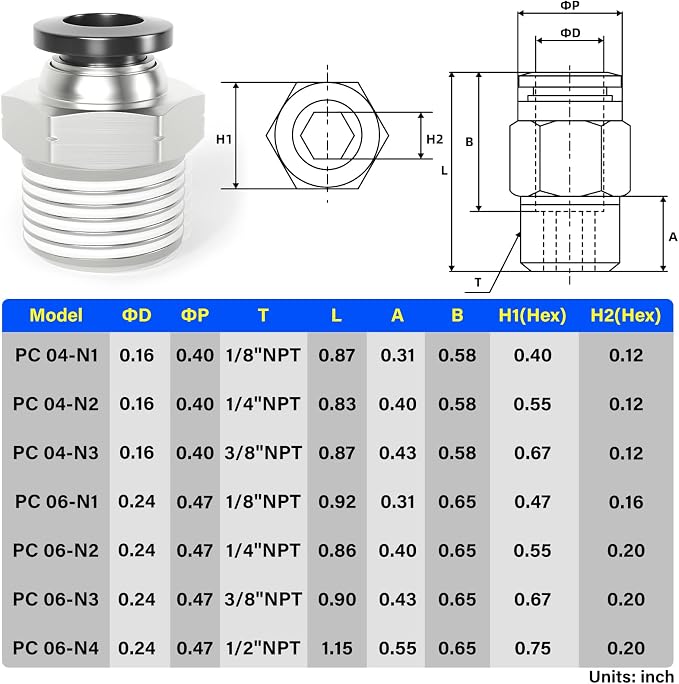TAILONZ 6mm Tube OD x 1/2" NPT Male Straight Push to Connect Fitting 2pcs | - Image 2