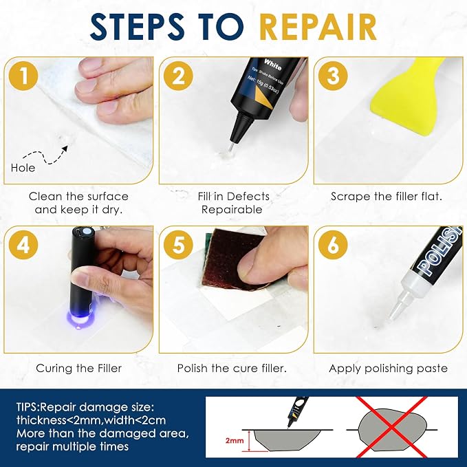 Quartz Countertop Repair Kit, Fiberglass Tub & Tile Repair Kit | 4*15g White - Image 4