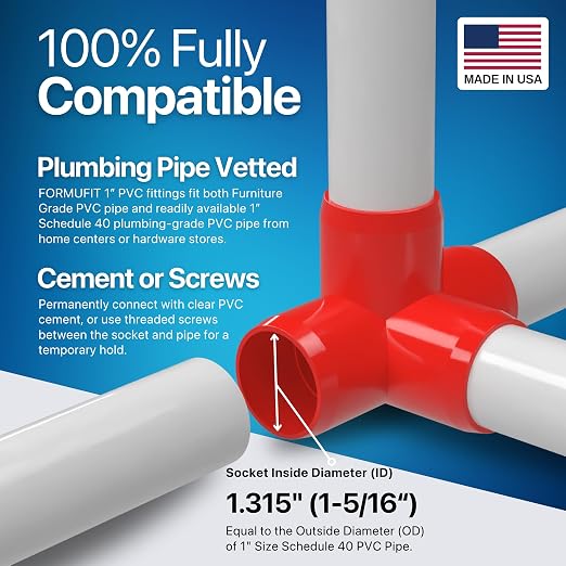 1” 4-Way Tee Furniture Grade PVC Fitting in Red, Made in USA, UV-Resistant - Image 5