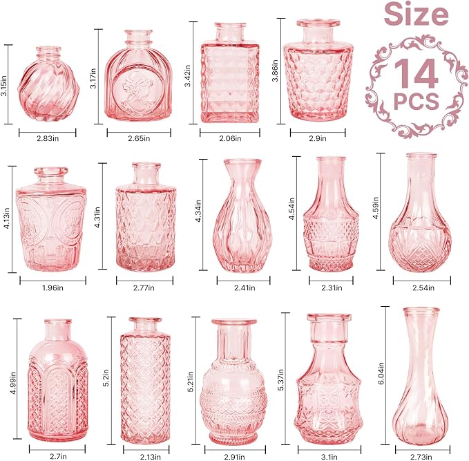 Clear Pink Glass Bud Vase Set of 14 Pcs, Small Bud Vases in Bulk, Glass Crystal - Image 9