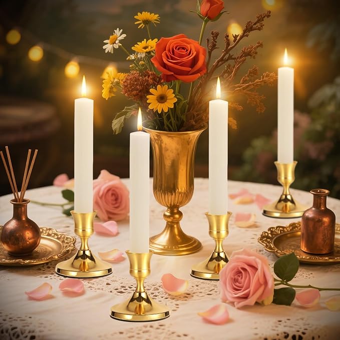4 Pcs Brass Gold Taper Candle Holders, Vintage Metal Candlestick Holders Set - Image 6