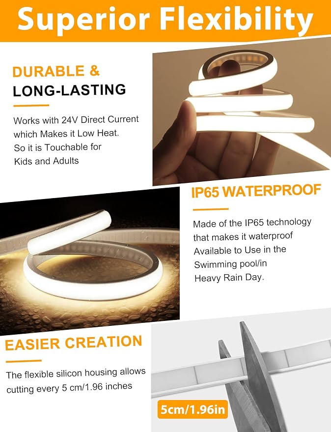 Lamomo COB LED Strip Lights 65.6Ft, 2 Roll Natural White Dimmable Self-Adhesive - Image 6