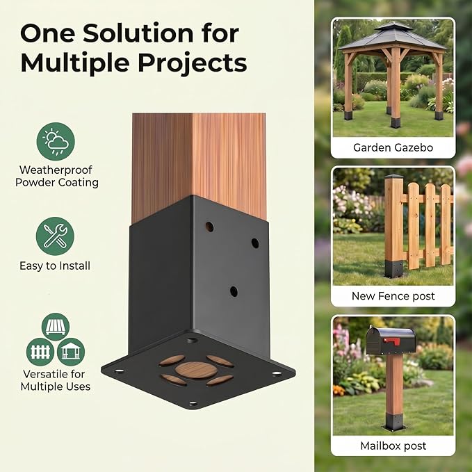 4x4 Post Base Brackets, 3.58'' x 3.58'', Heavy Duty, 4 Pack | Powder-Coated - Image 2