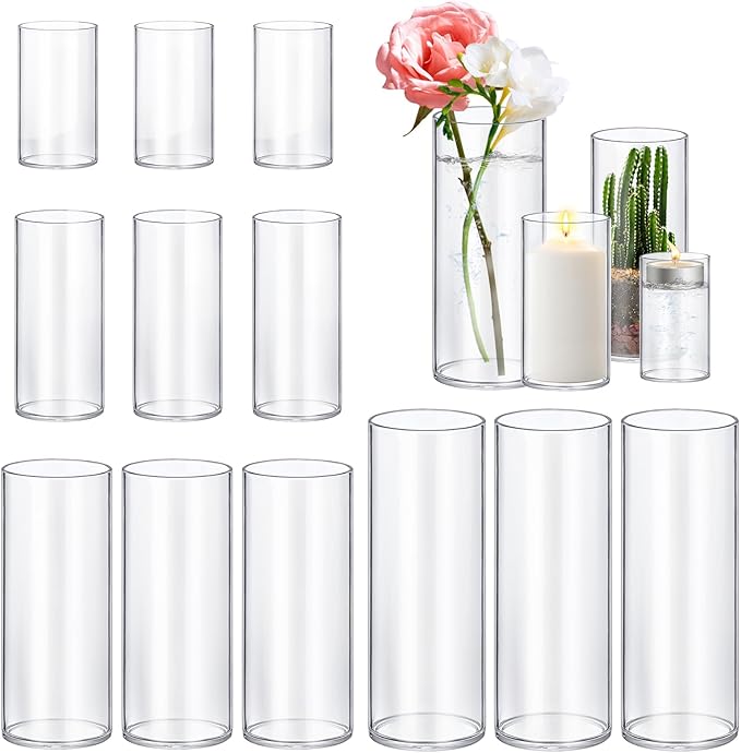 12 Pack Glass Cylinder Vases 4, 10 Inch Tall Clear Flower Vase Hurricane by Homjoy