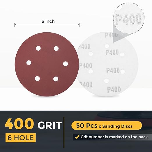 HARFINGTON 50 Pcs 6 Inch Sanding Discs 400 Grit Red Aluminum Oxide 6 Hole | - Image 2