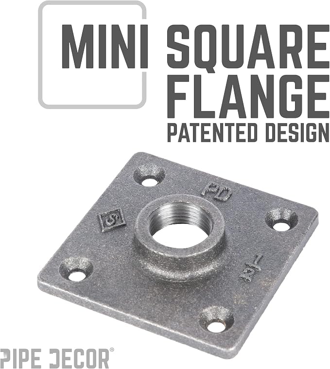 1/2" Square Mini Flange Fitting, PIPE DECOR Black Malleable Iron Fittings Fit - Image 3