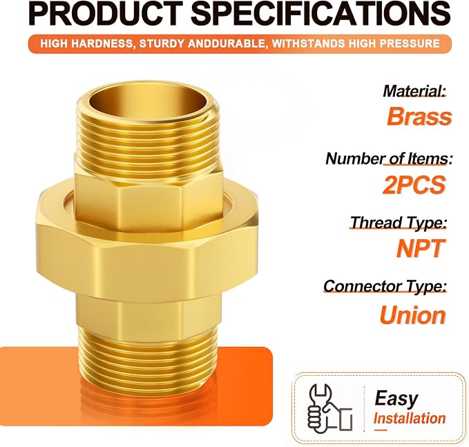 GASHER 2PCS 1-1/2" MNPT Brass Union Pipe Fitting | 1-1/2 Inch Male x 1-1/2 Inch - Image 2