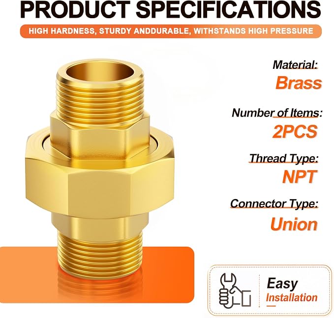 GASHER 2PCS 1/2" MNPT Brass Union Pipe Fitting | 1/2 Inch Male x 1/2 Inch Male - Image 2