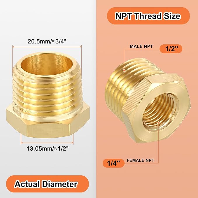6 Pack Male to FeMale Adapters, 1/2" MNPT x 1/4" FNPT Brass Hex Bushing Reducer - Image 2