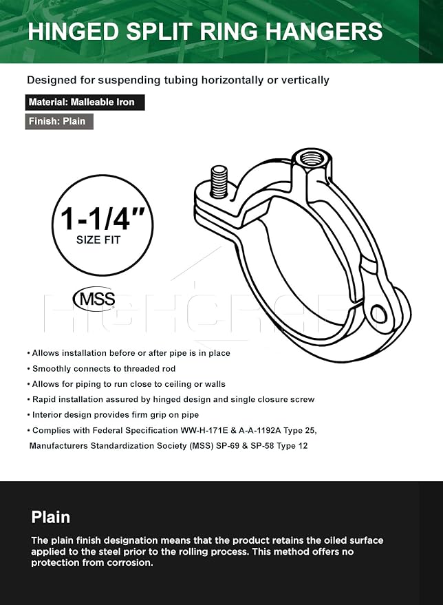 HIGHCRAFT HINGB-114-5 Industrial Decor Hinged Split Ring Pipe Hanger 1-1/4 in. - Image 5