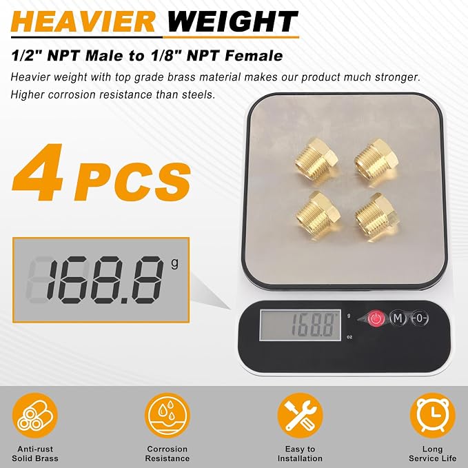 KOOTANS 4pcs Heavy Duty 1/2 NPT Male Thread to 1/8 NPT Female Thread Brass - Image 5