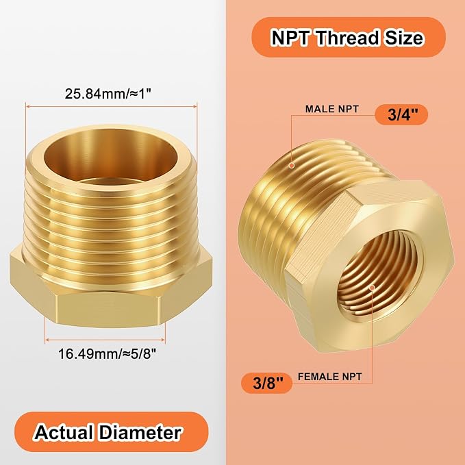 4 Pack Male to FeMale Adapters, 3/4" MNPT x 3/8" FNPT Brass Hex Bushing Reducer - Image 2