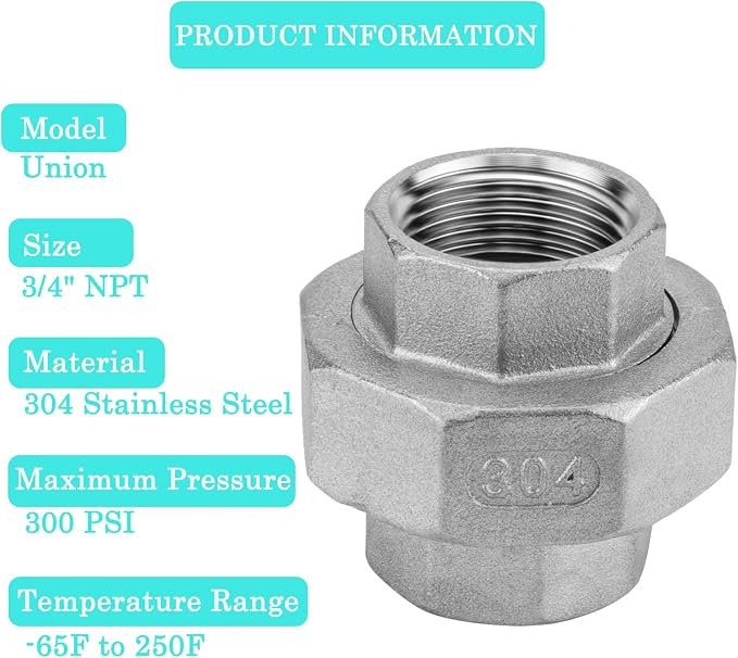 2Pcs 304 Stainless Steel Pipe Union Fitting, 3/4" NPT Female, Cast Full Port - Image 4