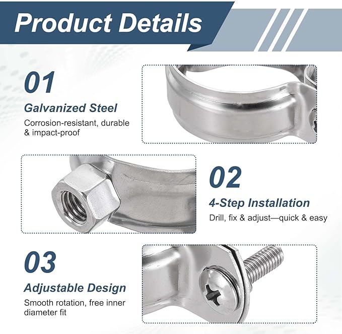 HARFINGTON 8 Pcs Adjustable Pipe Bracket Clamps 1-9/16" Stainless Steel Wall - Image 4