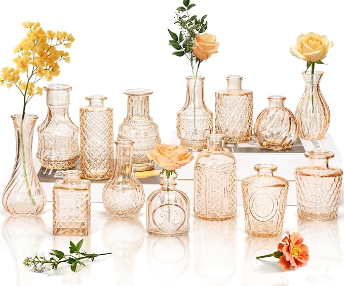 Clear Amber Gold Glass Bud Vase Set of 14 Pcs, Small Bud Vases in Bulk by JXINDUJU