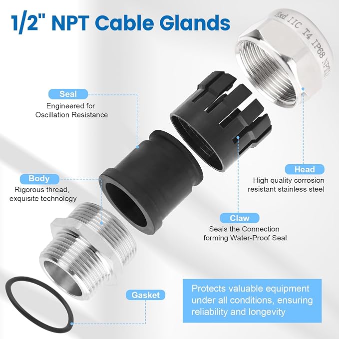 QCG 1/2" NPT Stainless Steel Cable Gland Waterproof IP68, Adjustable - Image 5