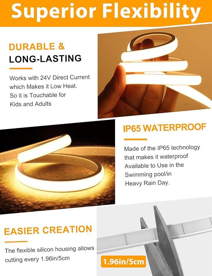 Lamomo COB LED Strip Lights 65.6Ft, 2 Roll Warm White Dimmable Self-Adhesive - Image 6
