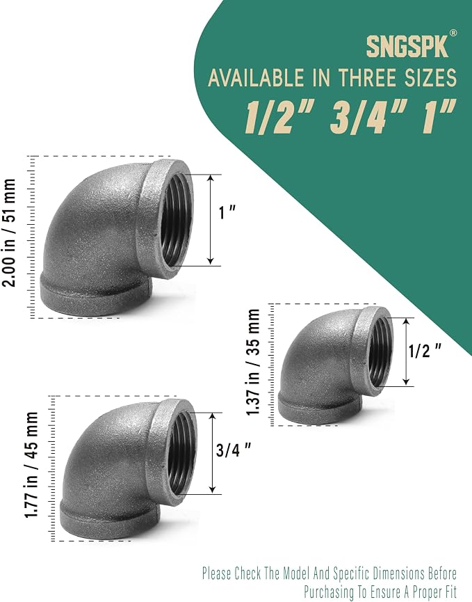 Black Cast Iron 90 Degree Elbow, Female Pipe Fitting, 1 Inch Size, - Image 3