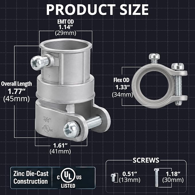 3/4" Squeeze EMT to Flex Coupling, cULus Listed, 5 Pack | Zinc die-cast - Image 2