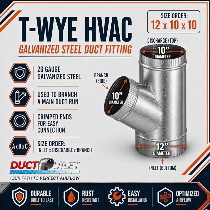 12" x 10" x 10" T-Wye HVAC Duct Fitting, 26 Gauge Galvanized Steel Round Duct - Image 2