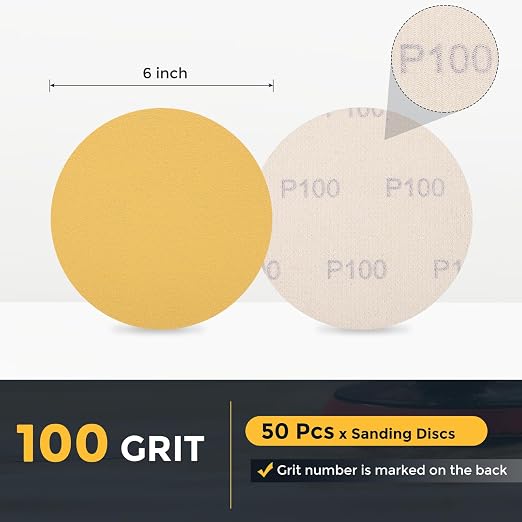 HARFINGTON 50 Pcs 6 Inch Sanding Discs 100 Grit Yellow Aluminum Oxide | Hook - Image 2