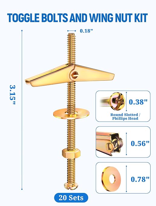 20 Sets 3/16 Inch Toggle Bolts for Drywall, Zinc Plated Anchors | Butterfly - Image 3