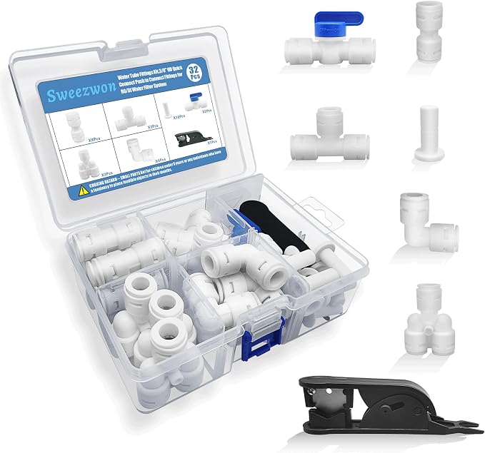 Water Tube Fittings Kit, 3/8" OD Quick Connect Push to Connect Fittings by Sweezwon