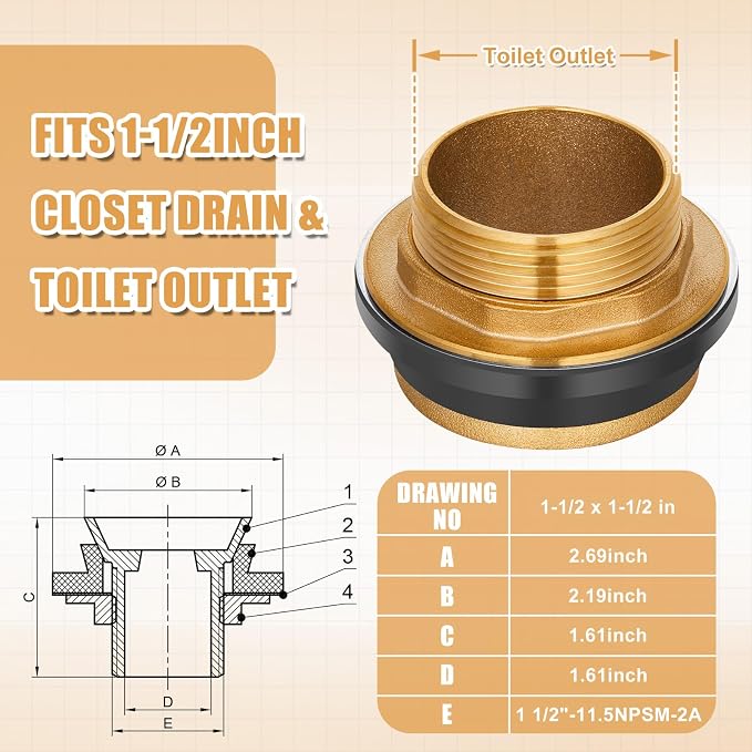 Zonon 3 Pcs 1-1/2 Inch 100% Brass Closet Spud Urinal Spud Flush Valve Parts - Image 3