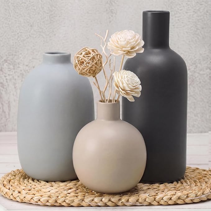 Large Ceramic Vase Set of 3, Neutral Vases Home Decor Waterproof | Farmhouse by CUCUMI