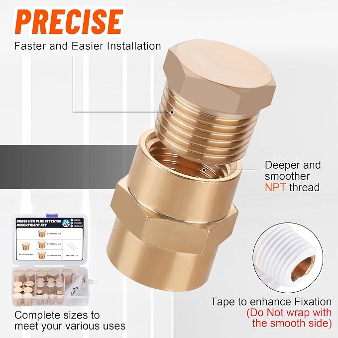 24PCS Brass Hex Pipe Plug Fittings, 1/8" 1/4" 3/8" 1/2" NPT Male | 1/8 Inch - Image 4