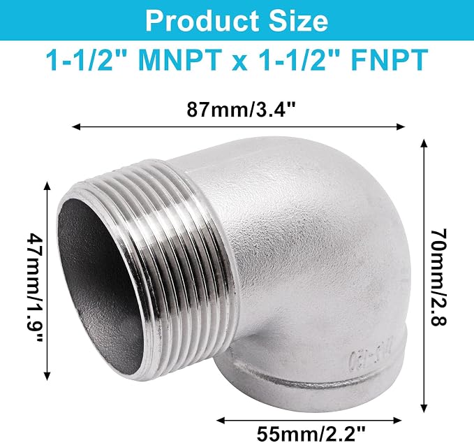 90 Degree Elbow Fittings 1PCS, 1-1/2" NPT Male X 1-1/2" NPT Female 304 - Image 2