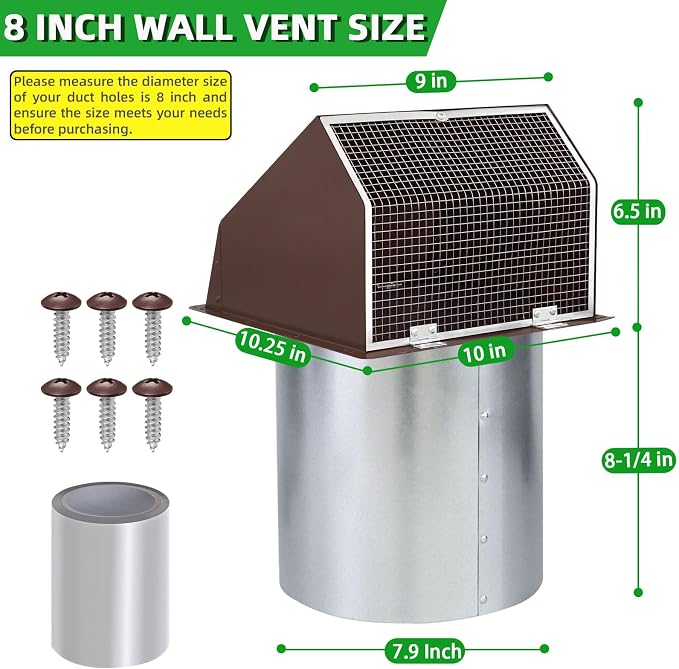 8 Inch Hooded Wall Vent with Screen and Damper, Outdoor Wall Exhaust Vent Cover - Image 2