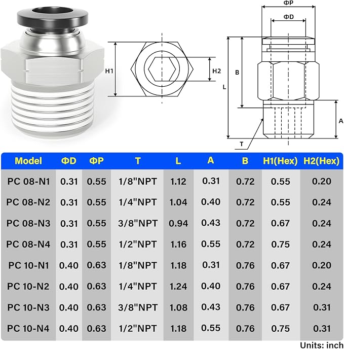 TAILONZ PNEUMATIC Male Straight 8mm Tube OD x 1/2 Inch NPT Thread Push to - Image 2