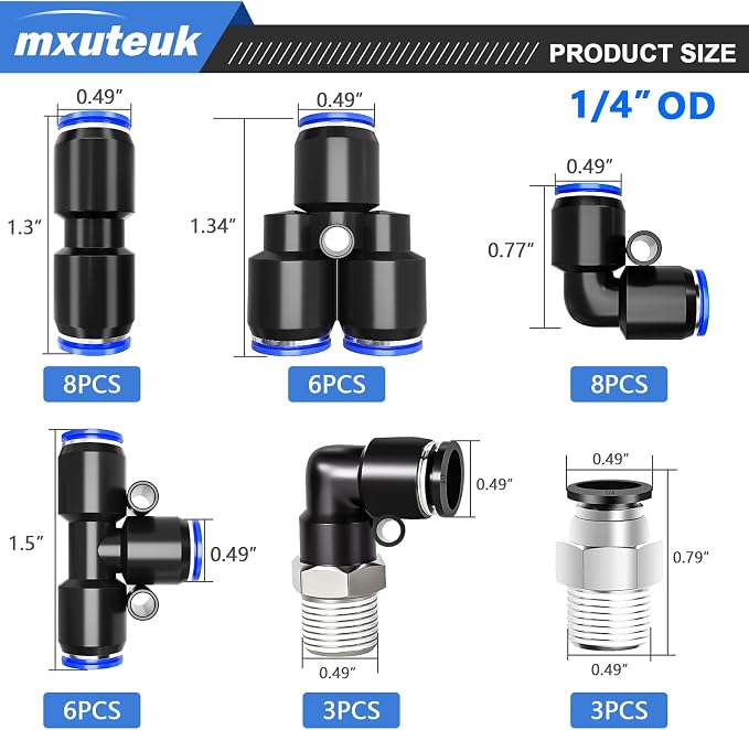 mxuteuk 1/4" OD Push to Connect Fittings, 1/4" OD Air Line Fittings, Quick - Image 2