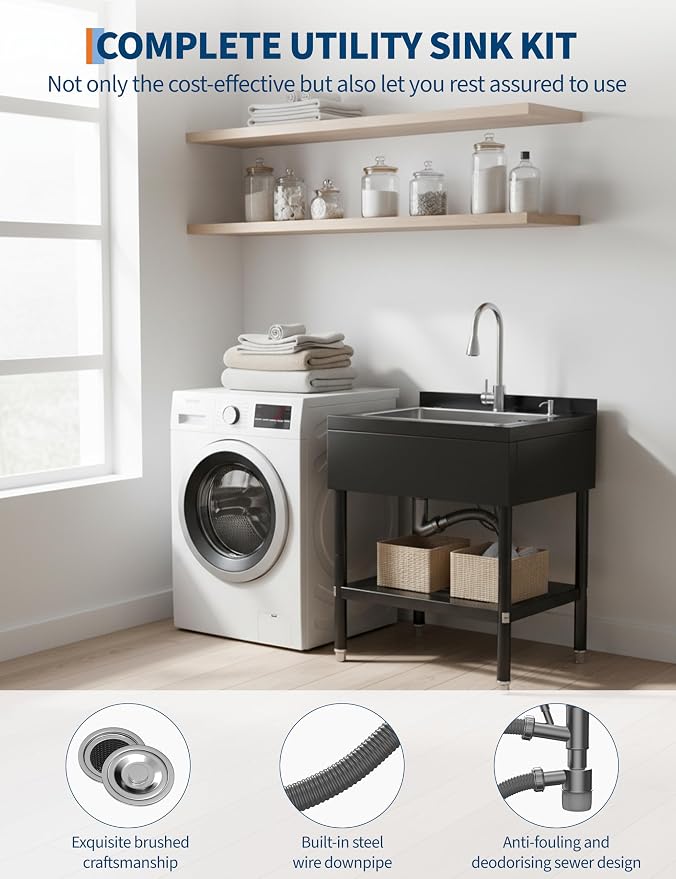 Stainless Steel Utility Sink, 31.1" × 22" × 37.8" Freestanding Laundry Tub - Image 6