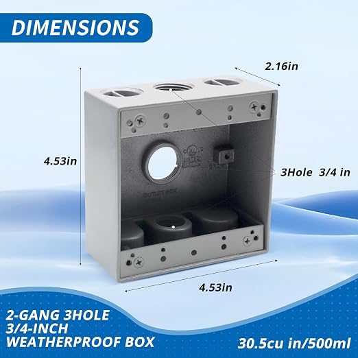 2-Gang Weatherproof Outlet Box, 3 3/4 in Hole Outdoor Electrical Box | Aluminum - Image 2