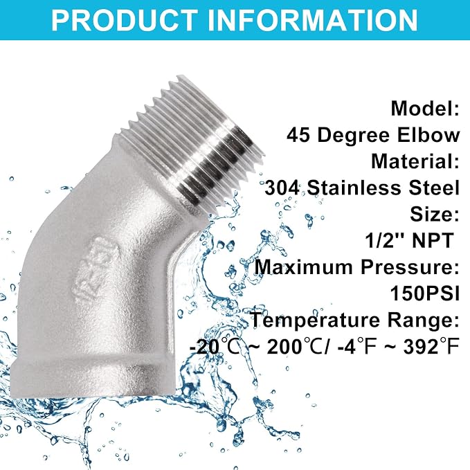 2PCS 45 Degree Elbow Fittings, 1/2" NPT Male Pipe to 1/2" NPT Female 304 - Image 4