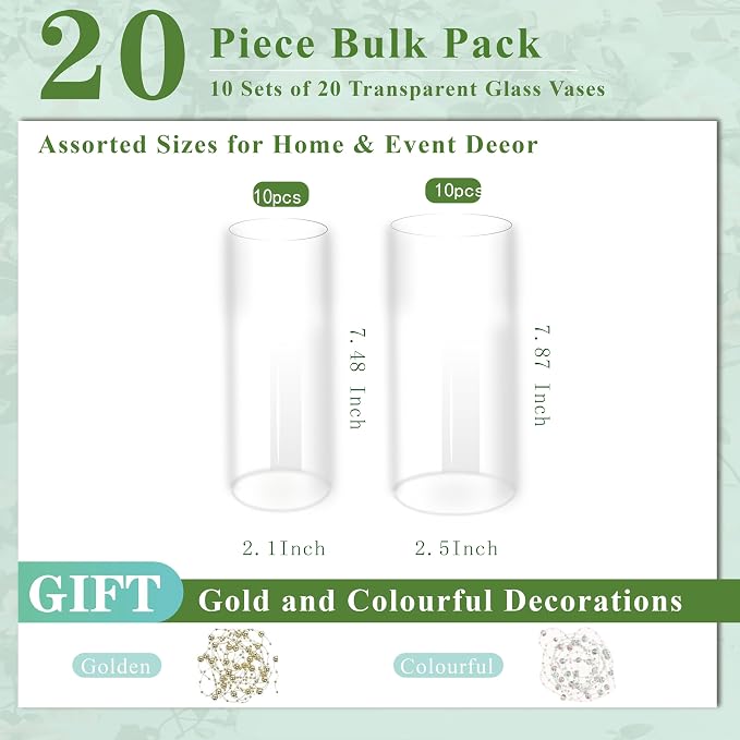 20 Pack Glass Cylinder Vase for Centerpieces, 7.48 and 7.87 inch Candle Flower - Image 2