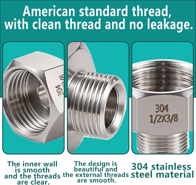 304 Stainless Steel Water Line Adapter （Lead-Free）, 1/2Female to 3/8 Male - Image 3