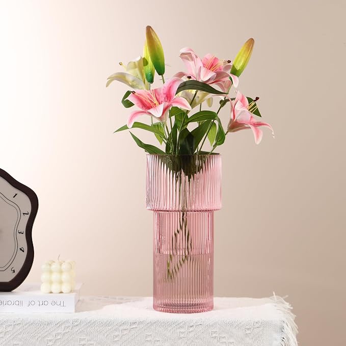 Large Pink Glass Vase, 12 Inches Tall Fluted Vase - Image 5