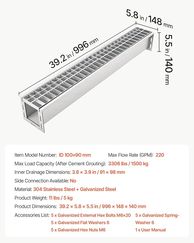 VEVOR Trench Drain, 39.2 x 5.8 x 5.5 in, Linear Drainage Channel - Image 7
