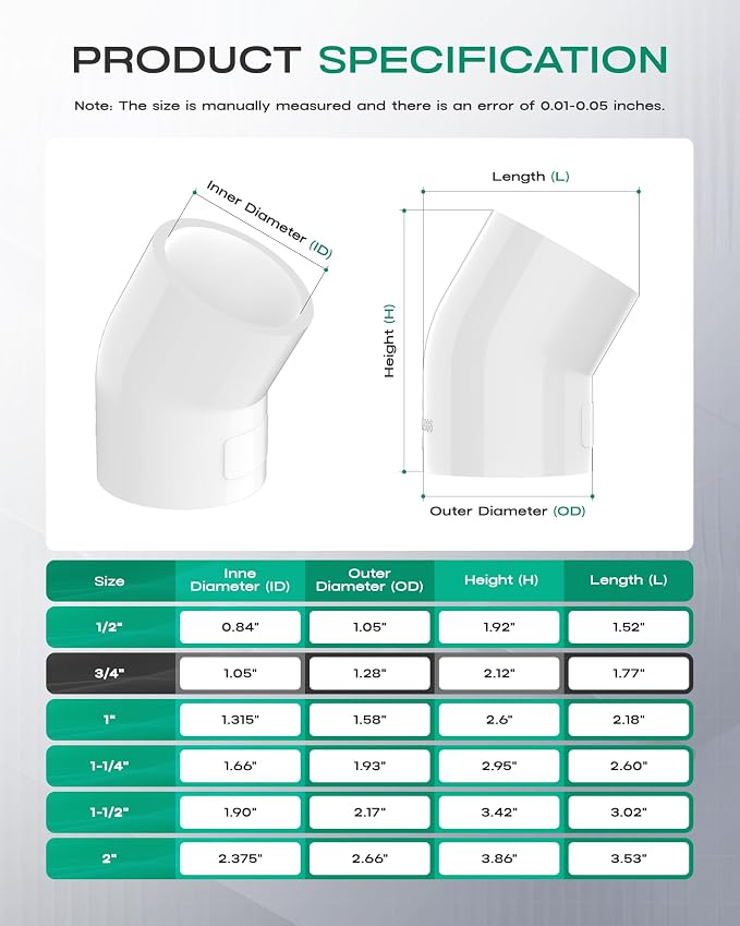 10-Pack 3/4 Inch 45 Degree PVC Elbow Pipe Fittings, Furniture Grade SCH40 PVC - Image 2