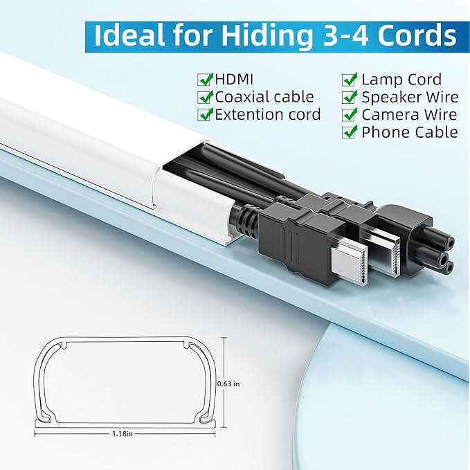 Yecaye 235in Wall Cord Hider for 2-3 Cords, W1.18in H0.63in, On-Wall Cord Cover - Image 2