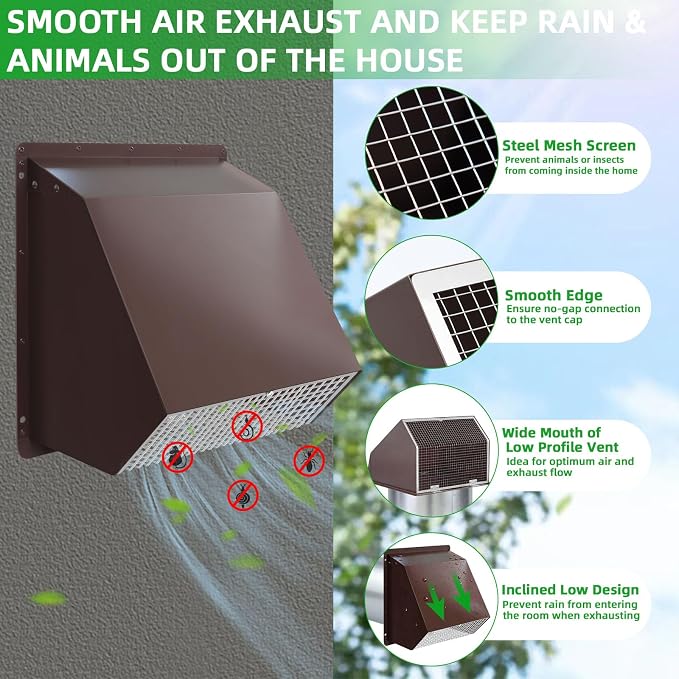 6 Inch Hooded Wall Vent with Screen and Damper, Dryer Vent Cover Outside - Image 3