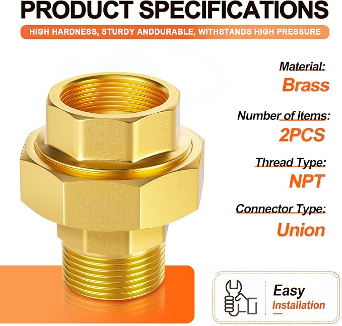 GASHER 2PCS 1" NPT Brass Union Pipe Fitting | 1 Inch Male x 1 Inch Female - Image 2