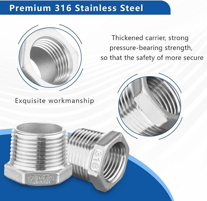 316 Stainless Steel Hex Bushing Reducer, 3/4" NPT Male to 1/2" NPT Female Pipe - Image 3