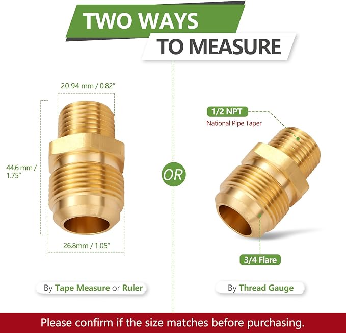 2 PCS Brass Gas Adapter 3/4" Flare x 1/2 Inch NPT Male Pipe Connector | Couples - Image 2