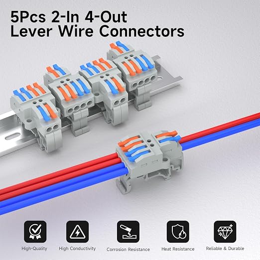 5Pcs Lever Wire Connectors, 2 in 4 Out, 4-2.5 mm² | 4-2.5 mm² Quick Wiring DIN - Image 2