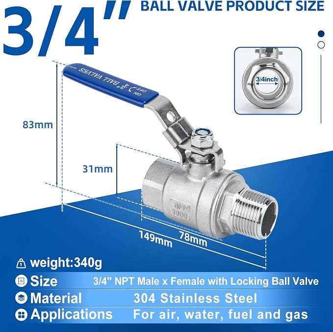 2 Pack 3/4" Full Port Ball Valve NPT Male x Female 304 Stainless Steel Heavy - Image 2